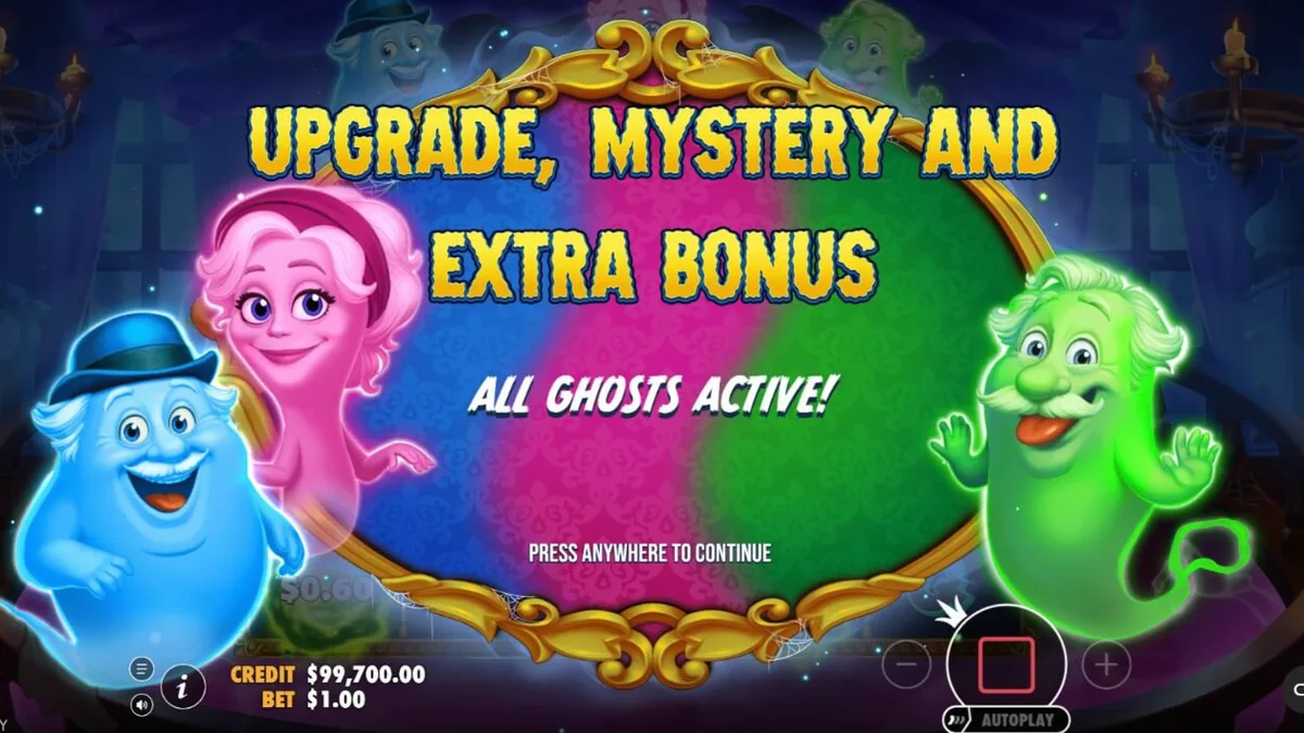 Tampilan visual slot Great Ghosts dengan tema rumah hantu kartun yang elegan dan penuh warna.