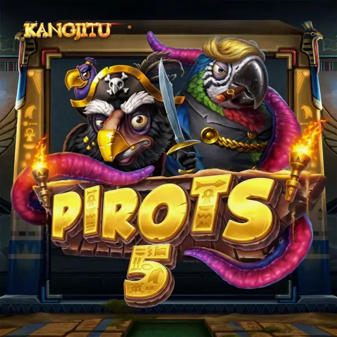 Tampilan visual grid permainan Pirots 5 dengan simbol permata dan karakter burung bajak laut.